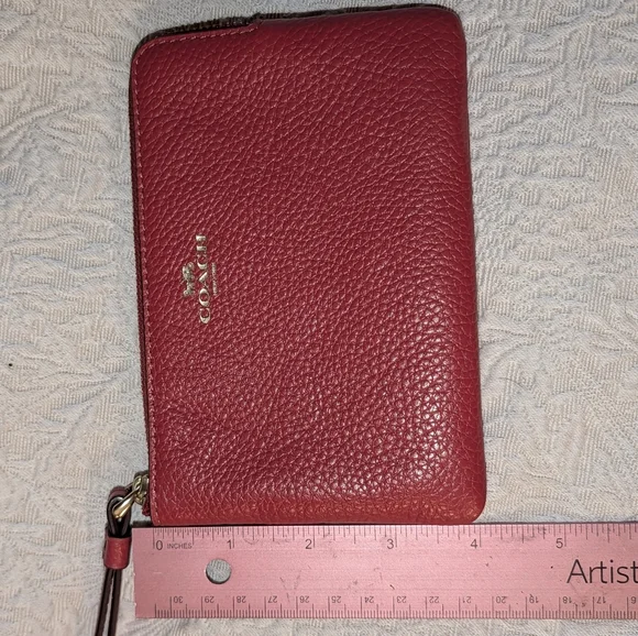 Coach Corner Zip Pebbled Leather Wristlet in Red And Gold - Picture 7 of 12